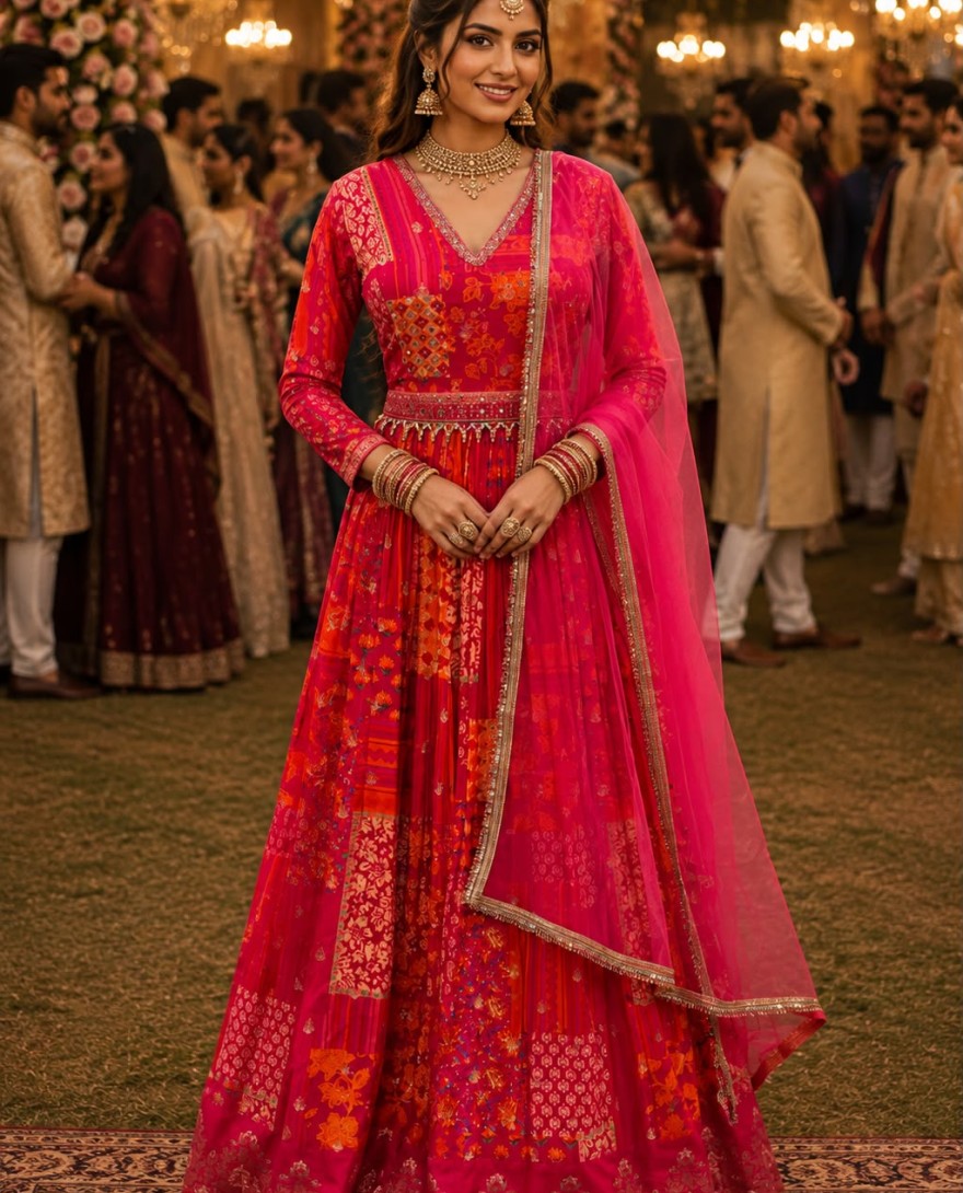 PINK - Pink Viscose Designer Gown with Embroidered and Print Work